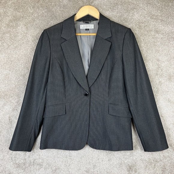 Tahari Arthur S Levine Jacket Womens 12 Gray Stripe Button Polyester Blend-6583 - Picture 1 of 13